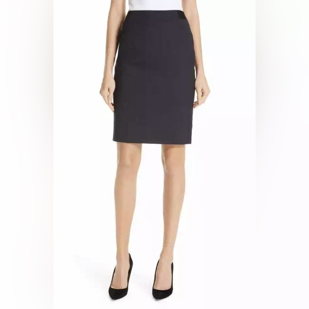 NWT Hugo Boss Vimena Wool Blend Navy Blue Gray Textured Pencil Skirt Size 10